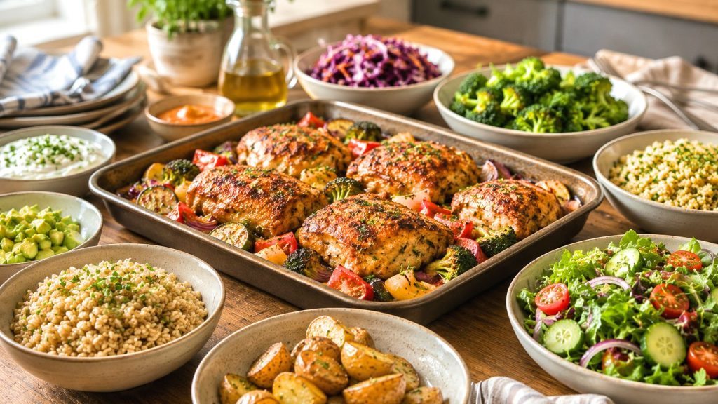 Chicken tray bake with vegetables, potatoes, grains and salad served as a flexible family meal