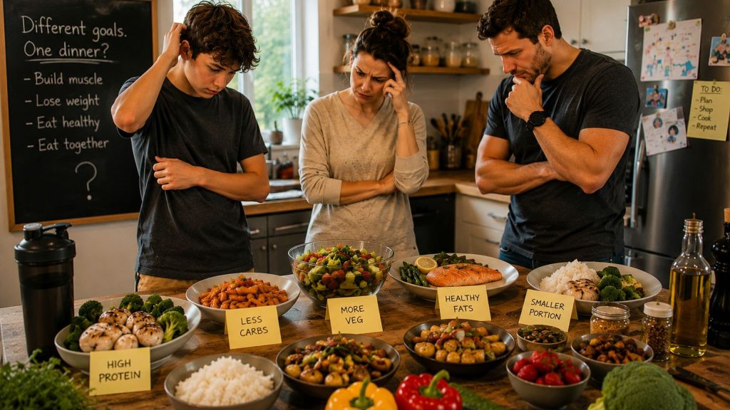 family-confused-by-nutrition-rules Family looking confused at dinner foods labelled high protein, less carbs, more vegetables and smaller portion