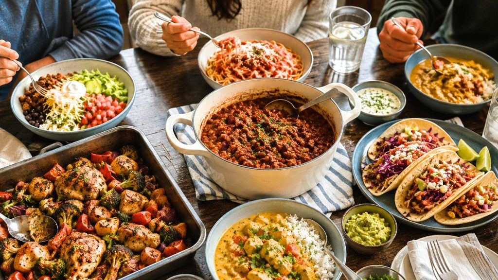 Table with several family dinner ideas including tray bake, pasta, curry and tacos