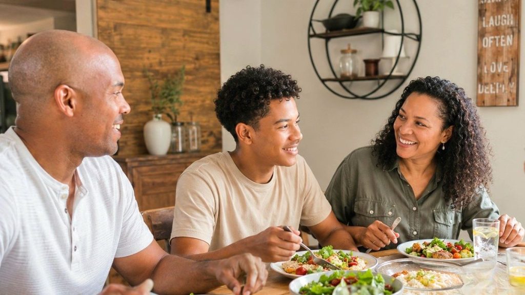 Family eating a shared dinner together at the table