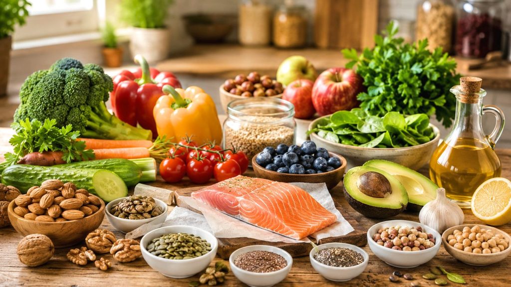 Salmon, vegetables, fruit, nuts, seeds and olive oil arranged for a healthy family meal