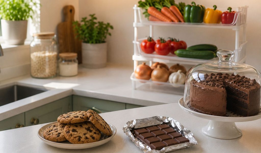 kitchen-food-environment-sweets-visible Biscuits, chocolate and cake on a kitchen counter with vegetables further back