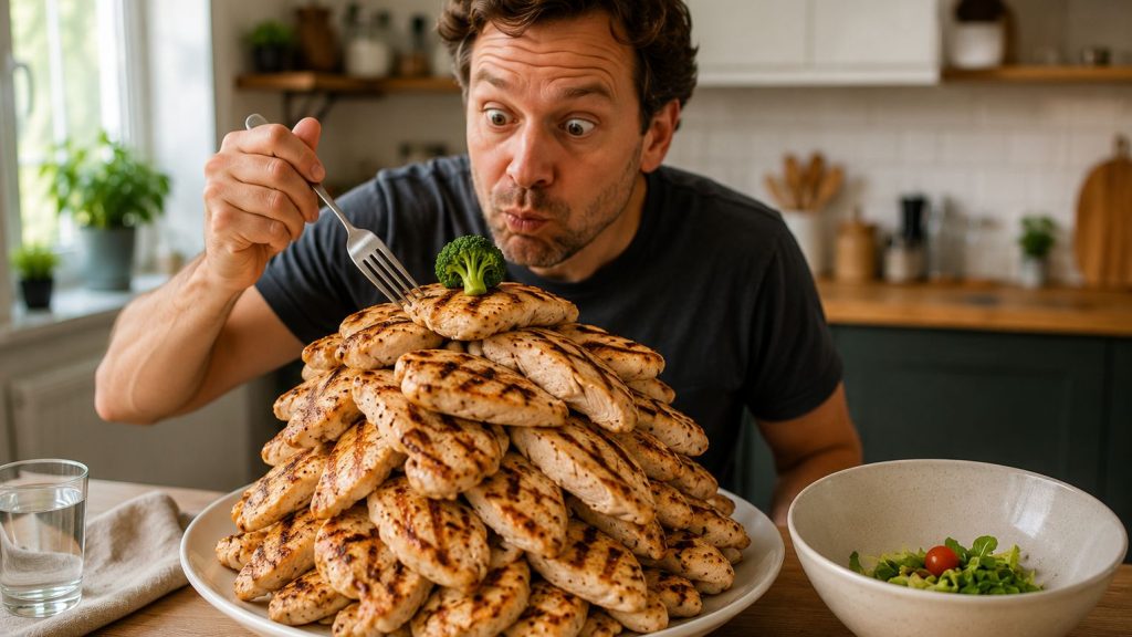 protein-taking-over-family-dinner-chicken Man looking at an enormous pile of chicken with a small bowl of salad beside it