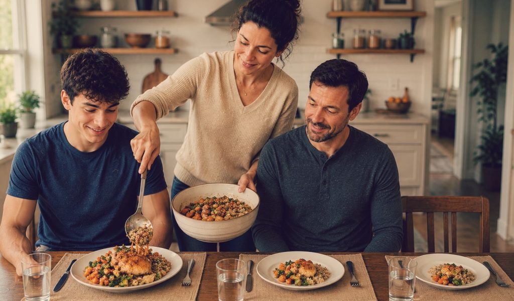 same-family-meal-different-portions Mother serving different portions of the same dinner to her teenager, husband and herself