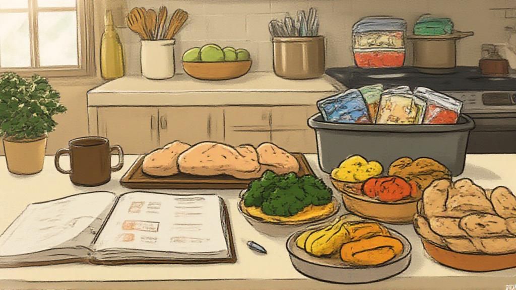 weekly-meal-planner-family-dinner-prep Meal planner, cooked chicken, vegetables and prepared food containers on a kitchen counter
